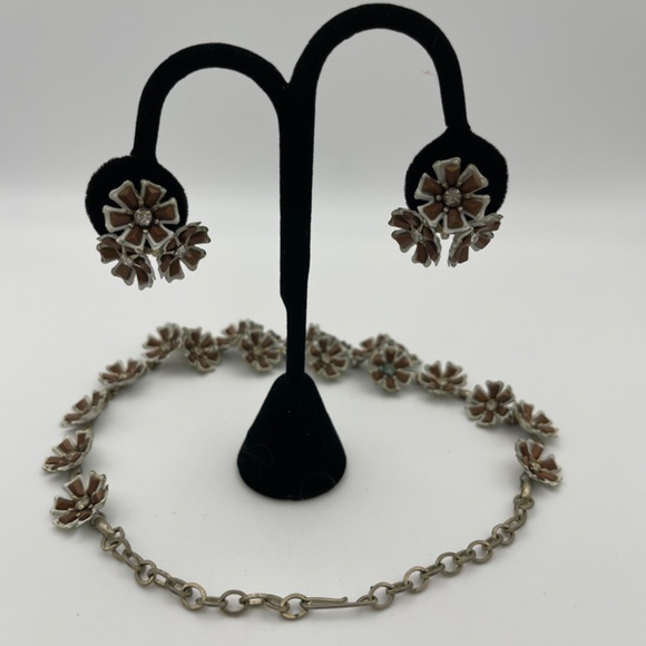 Vintage Necklace Matching Set Earrings Brown White Clear  Crystal - Picture 4 of 8